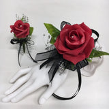 Glamour Single Red Rose on Black- Silver Trim Wrist Corsage & Boutonniere Combo Roses