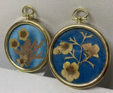 Vtg Dried Flowers On Blue Velvet Round Mini Gold Frames 2PC Burlap Backing EUC Dried Flower