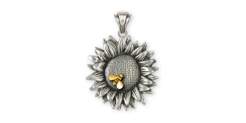 Handmade sunflower pendant necklace charm with textured silver petals and gold center detail