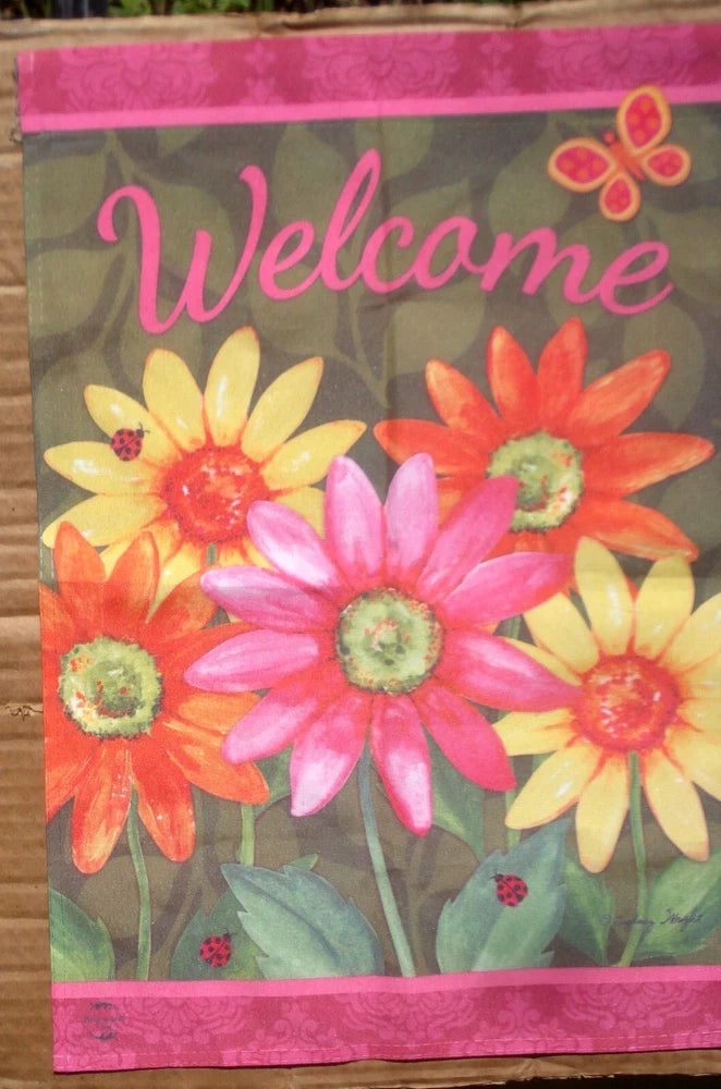 Floral garden flag with “Welcome” and bright sunflower and flower print