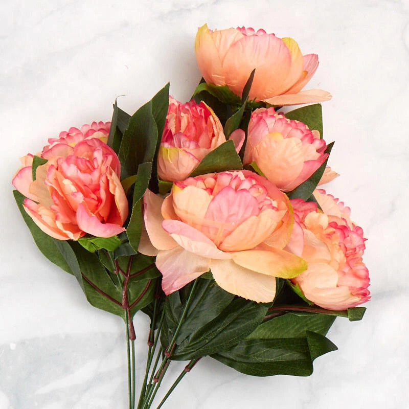 Set of 2 artificial peony floral bushes with cream, pink, peach blooms and green leaves