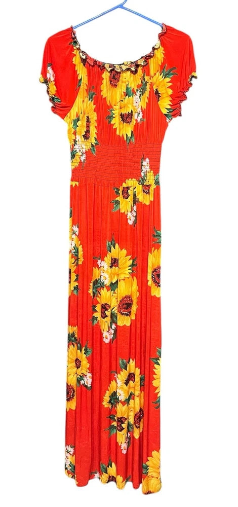 Maxi Dress WomenÕs S/M Sunflower Print, Red, Yellow & Green, Stretch Waist NWT Sunflower