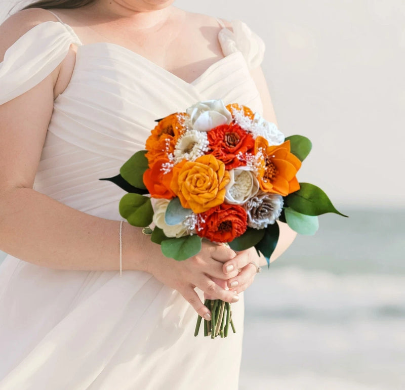Bright Orange White Bridal Bouquet Sola Wood Bridesmaid Faux Wedding Flower HOCO Bouquet