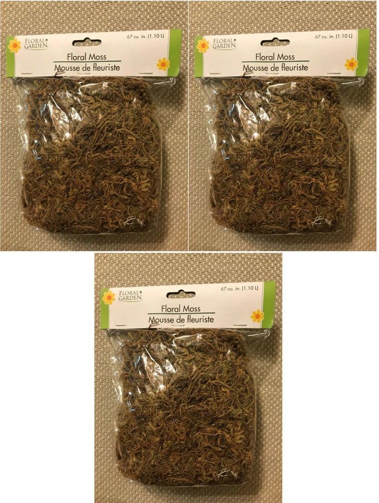 Dried floral moss filler in dark green, packaged lot of 3, sealed bags
