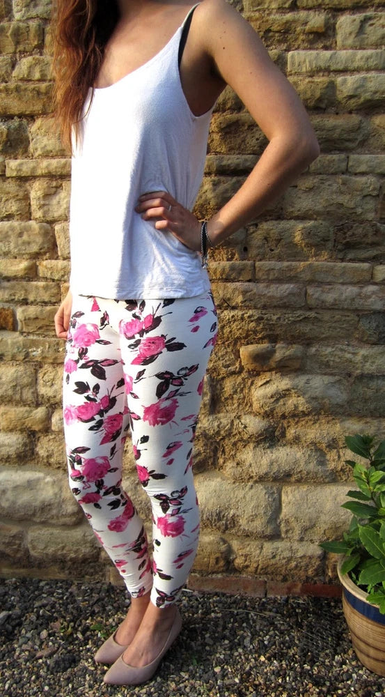Women’s full-length leggings with pink and white rose floral print