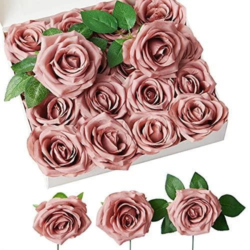 NEVISI Dusty Rose Artificial Flowers Fake Roses Silk Roses 16Pcs Real Looking Roses
