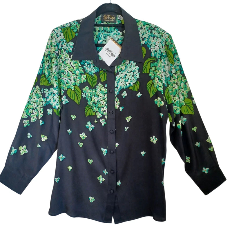 Bob Mackie Wearable Art Silk Blouse Womens XL Black Green Hydrangea Sequins NEW Hydrangea
