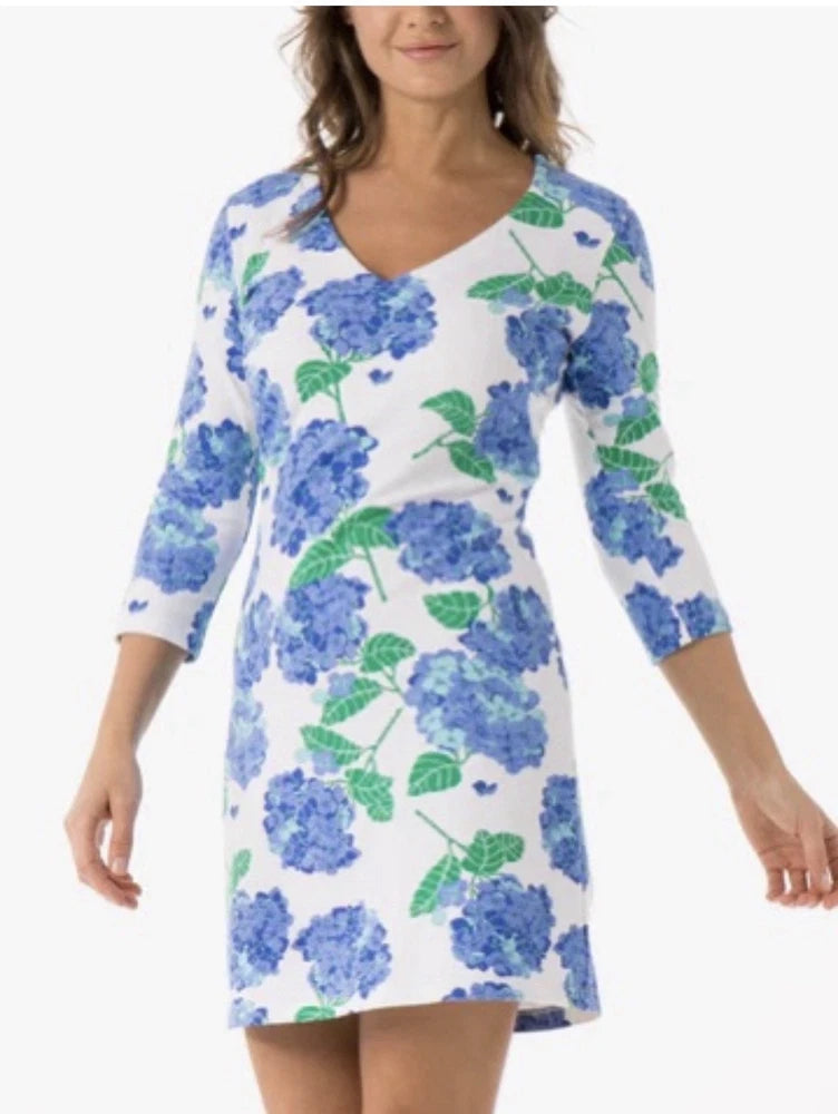 Mahi Gold Hydrangea Print Palm Dress Size Large V-Neck Hydrangea
