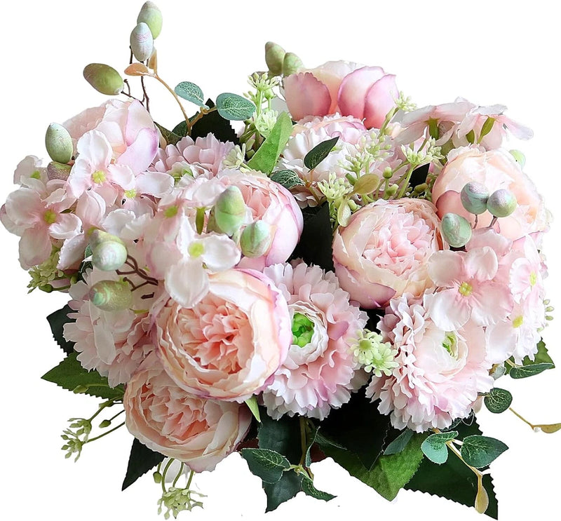 Artificial light-pink peony and rose-style blooms with green leaves and buds