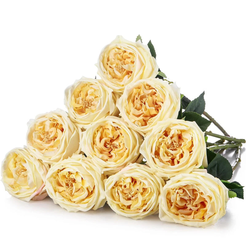Artificial rose stems with cream peony-style blossoms and green leaves