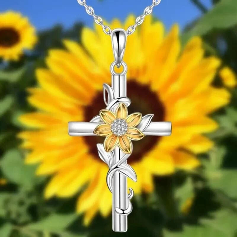 Fashion Sunflower Floral Flower Cross Pendant Necklace Gift Women Silver Color Sunflower