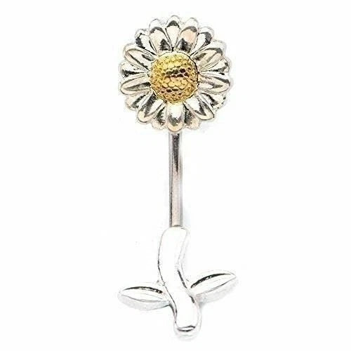 Sunflower navel belly button ring with silver barbell and yellow center flower charm