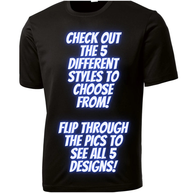 Black graphic t-shirt with blue text design on front