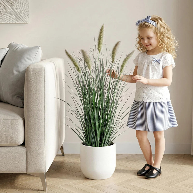 3 ft faux cattail grass plant in white pot with tall green reed blades