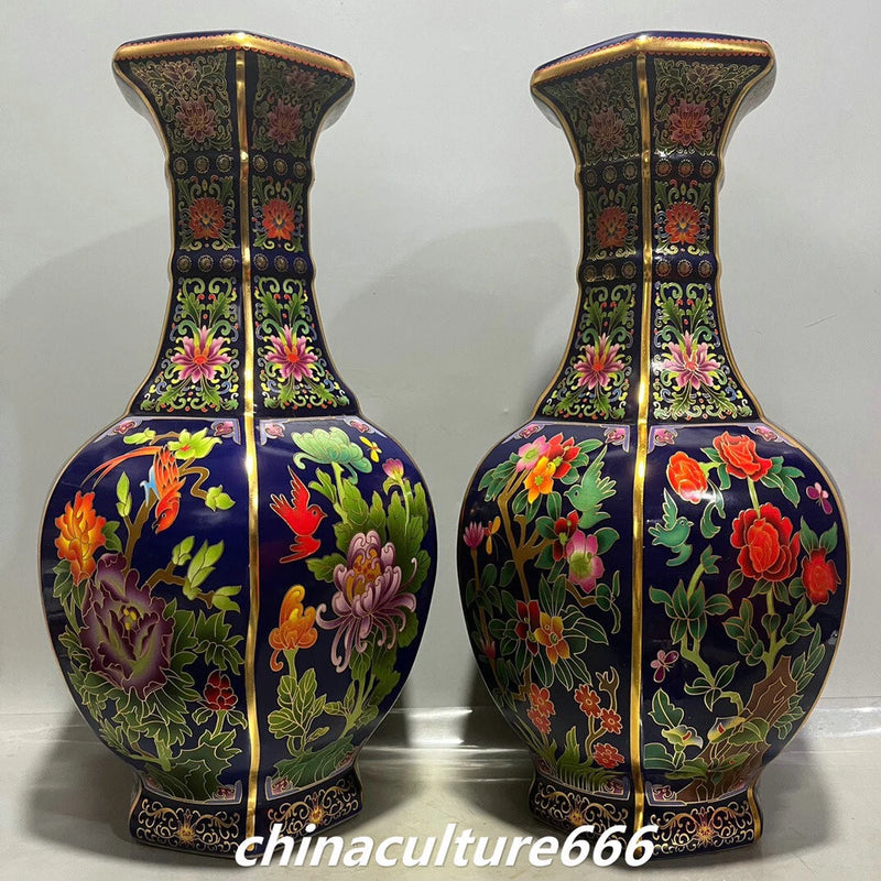 21" Qing Enamel Colour Porcelain Gilt Peony Flower Bird Pattern Bottle Vase Pair Peony