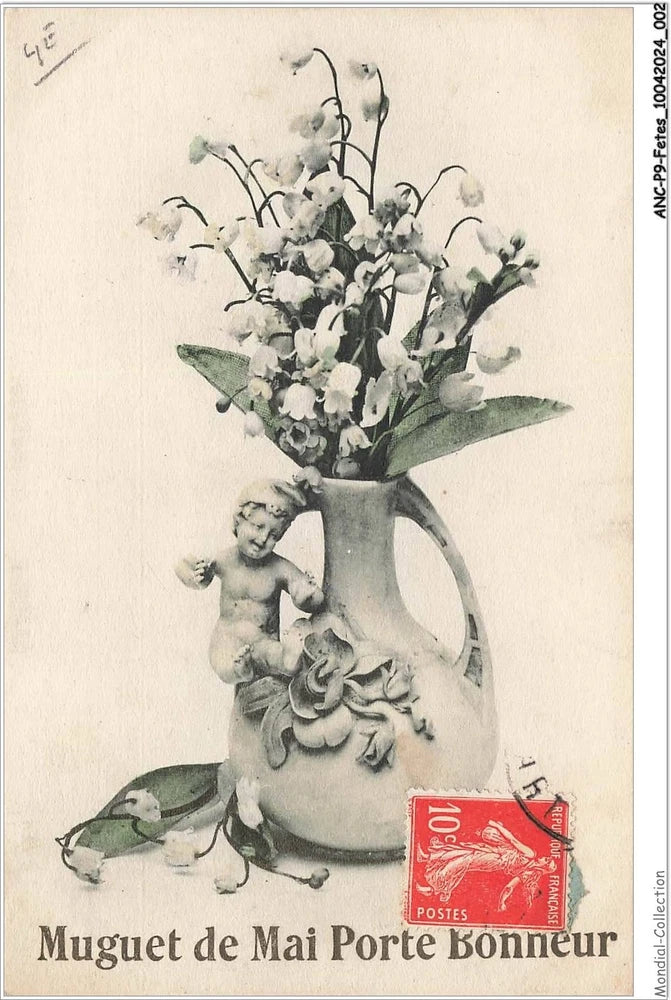 Vintage postcard with white lily bouquet in a vase and a cherub