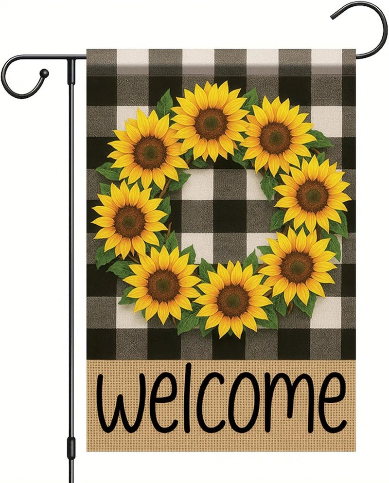 Sunflower wreath garden flag with black-and-white check border and 'welcome' text