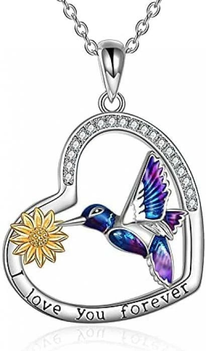 925 Sterling Silver CZ Hummingbird Heart Sunflower Necklace For Women Girls Gift Sunflower