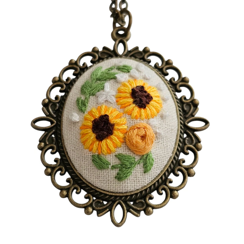 Handmade Sunflower Embroidery Necklace - Needlework Pendant This Sunflower