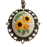 Handmade Sunflower Embroidery Necklace - Needlework Pendant This Sunflower