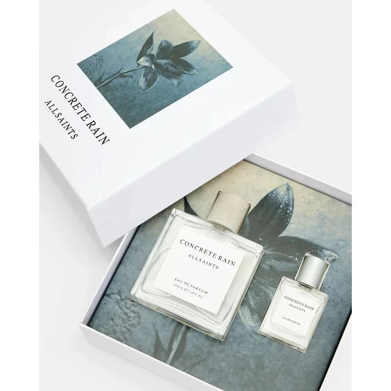 Allsaints Concrete Rain 2-piece unisex EDP gift set with two glass perfume bottles