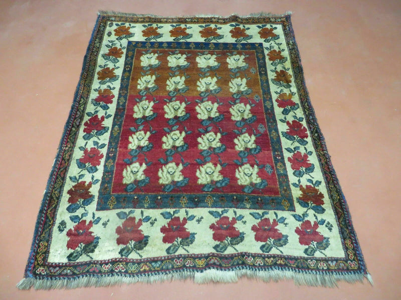 4' X 5' Semi Antique Handmade Fine Turkish Flowers Bouquet Wool Rug Nice Bouquet