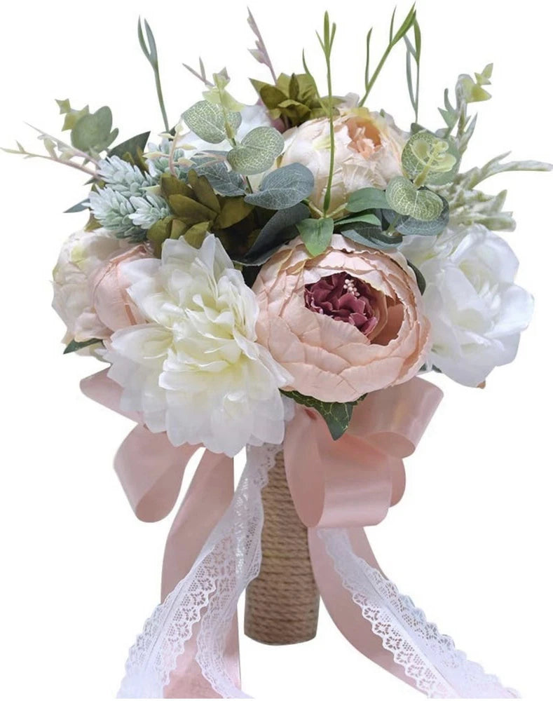 Artificial Flower Bridal Bouquet With White, Champagne, Pink Silk Flower Bouquet Bouquet