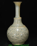 Celadon ceramic vase with embossed peony and geometric bands, narrow neck