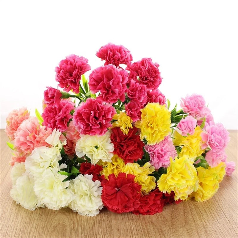 Artificial carnation flower heads bouquet with iron wire stems, pink, yellow, red.