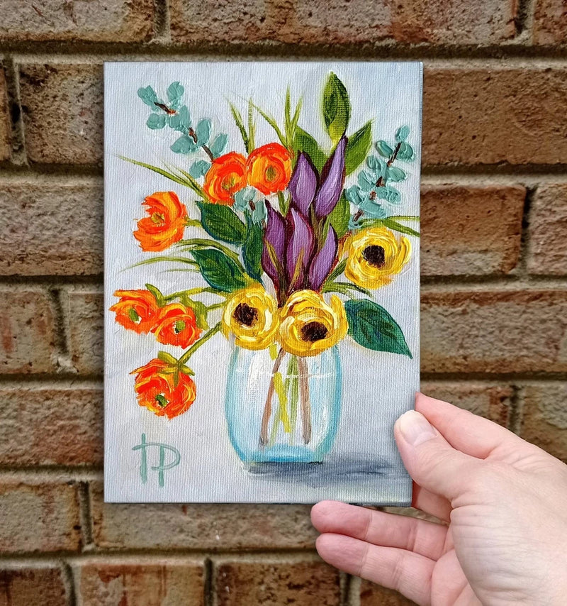 Spring Ranunculus Oil Painting Handmade Orange Buttercups Flowers Wall Art Ranunculus