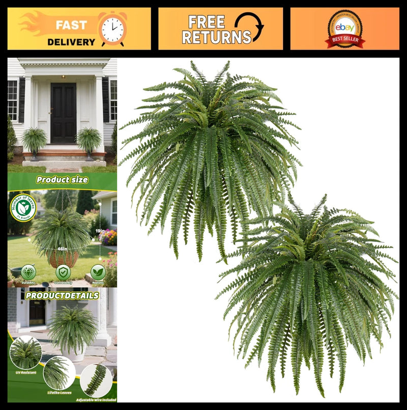 Set of 2 Large 46Ó Artificial Fern Plants - Realistic Faux Boston Ferns for Indo Green Plant