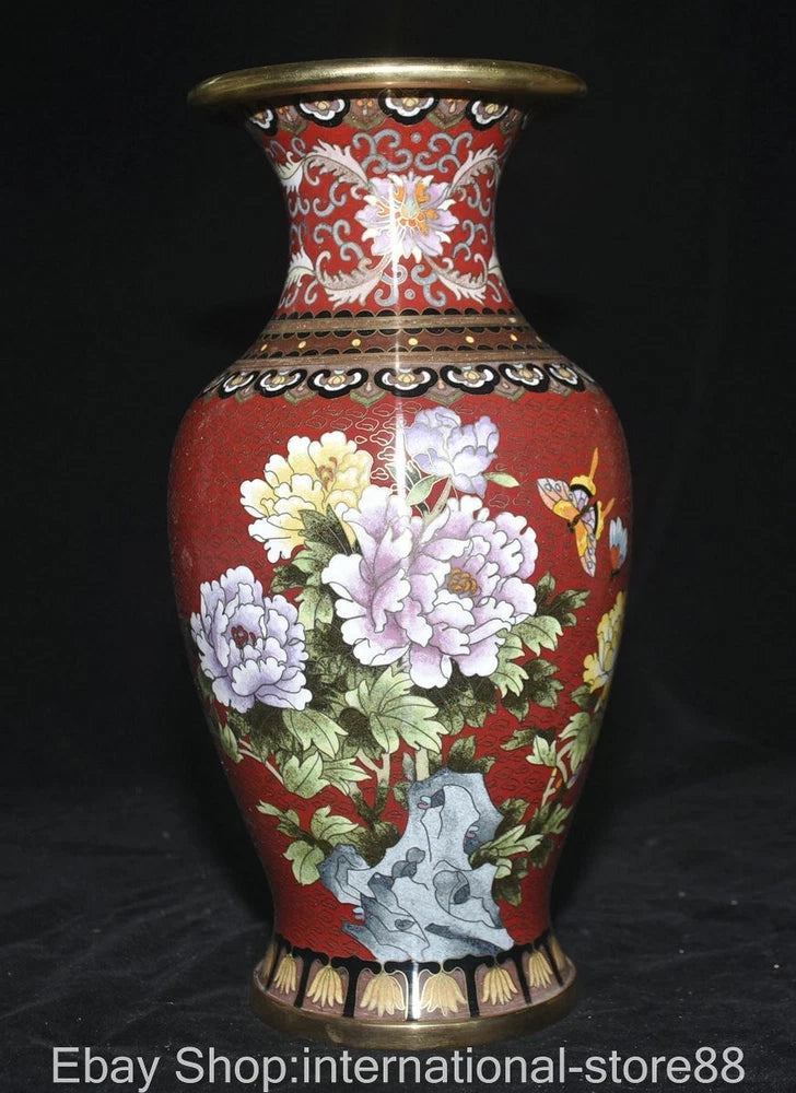 Red cloisonne peony bottle vase with floral panels and bird motif