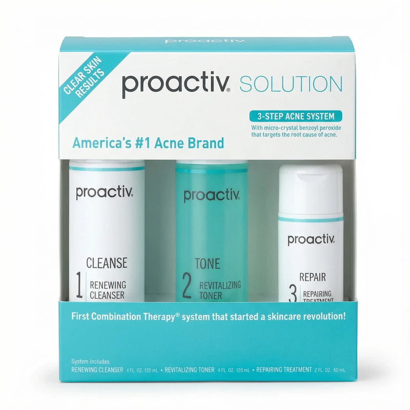 Proactiv Solution 3-step acne treatment set with cleanser, toner, and repair bottles in box