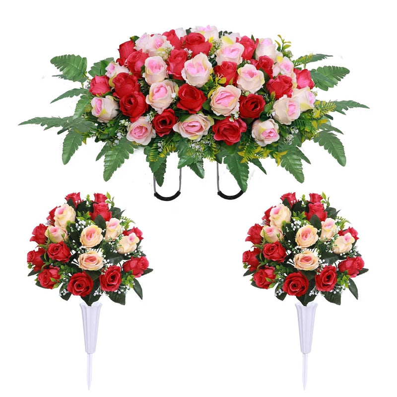 Artificial rose memorial flower saddle set with red and pink blooms and green leaves