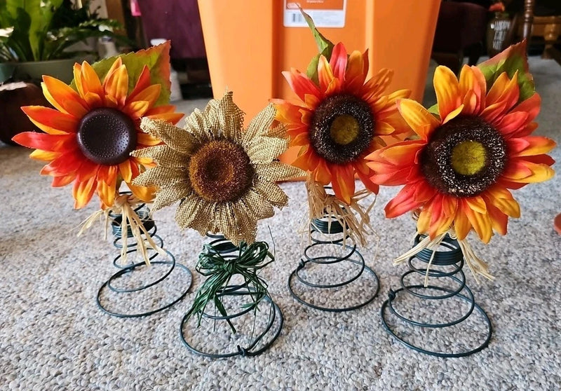 Set of 4 orange and yellow faux silk sunflower spring stands on green metal spirals