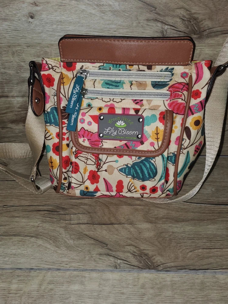 Lily Bloom floral mini crossbody bag with brown trim and adjustable strap