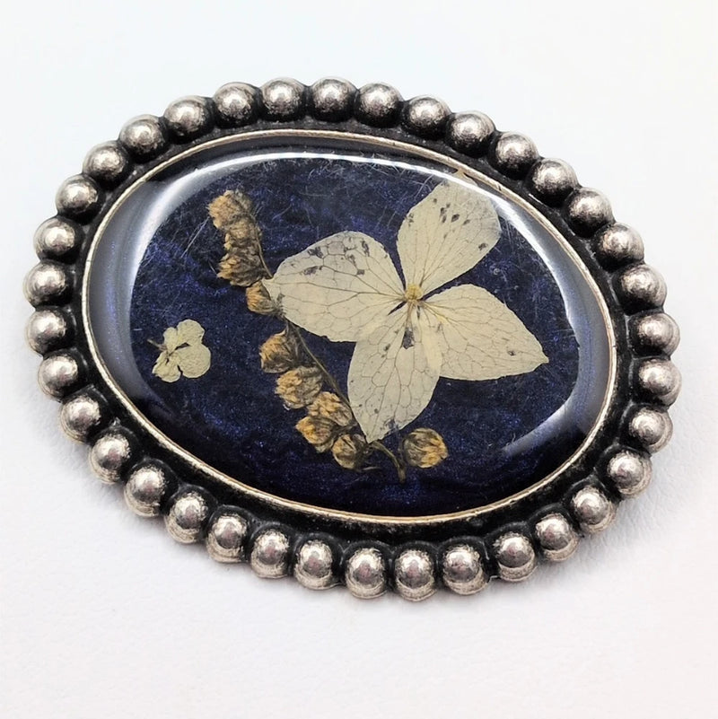 Brooch Pin Vintage Pierre Bex Pressed Flower Hydrangea Blue Silver Tone Oval Hydrangea