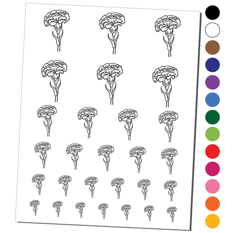 Carnation flower temporary tattoo sheet with small black outline blooms