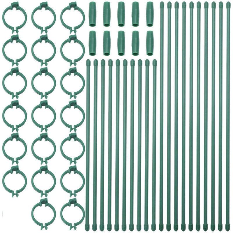 Green plastic plant support stakes with ring clips for indoor plant stems