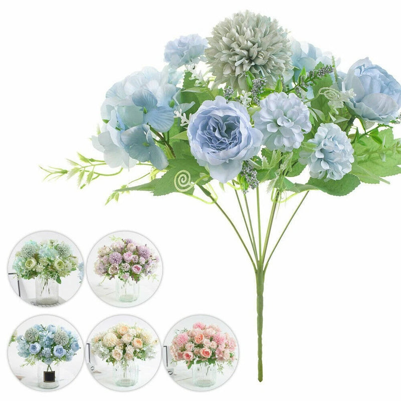Artificial peony flower bouquet with pale blue and white blooms, green leaves, and long stems