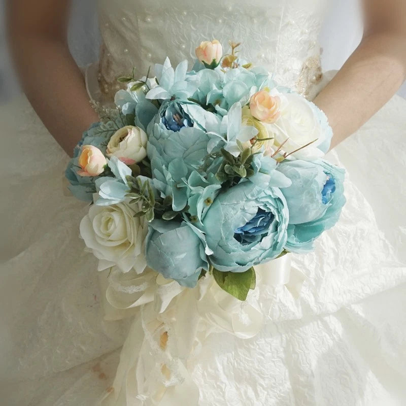 Blue and cream artificial floral bridal bouquet with peony and rose blooms