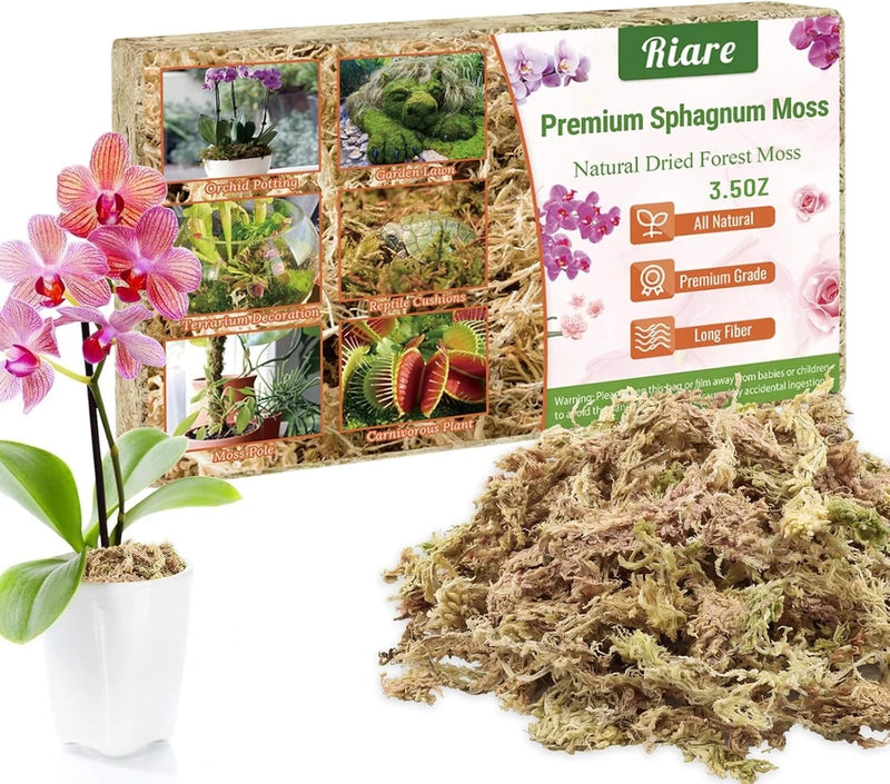 Natural dried sphagnum moss for plants, loose moss pile beside packaged bag.