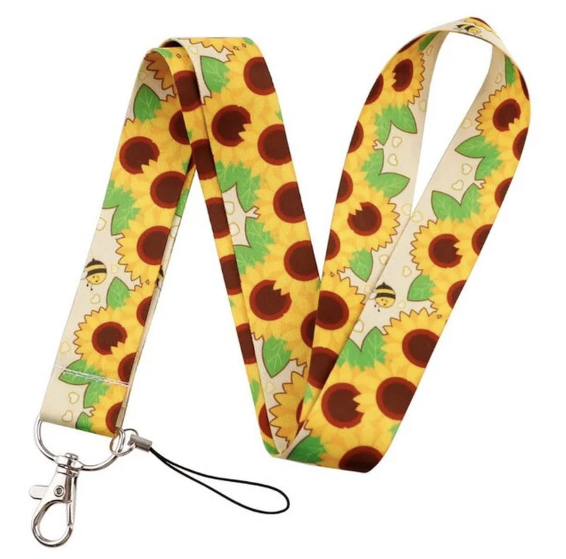 Sunflower and bee print lanyard with metal lobster clasp and black wrist strap