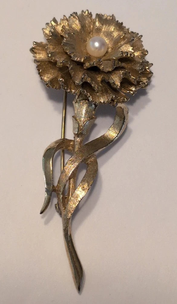 Vintage Boucher Gold Pearl Carnation Flower Pin Brooch Carnation