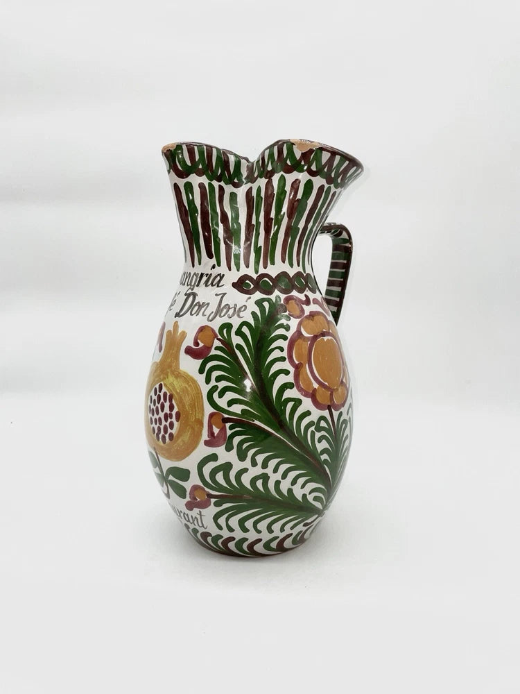 Vintage Green Gold Brown Carnation Sangria Pitcher, Hand Painted Stamped Spain Carnation