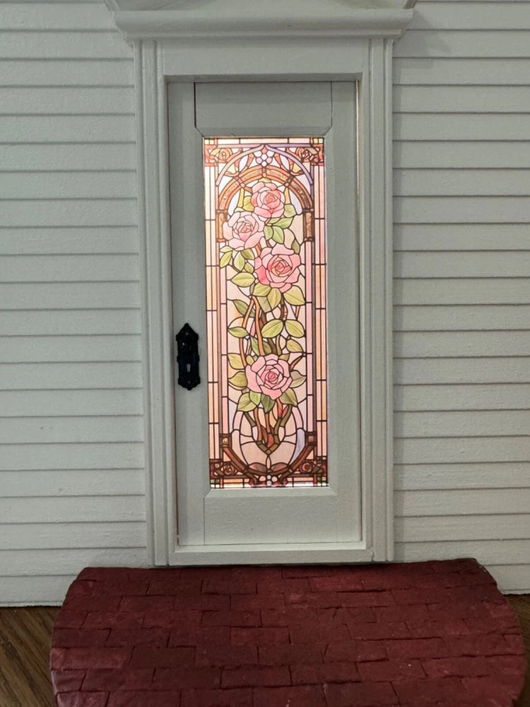 Dollhouse miniature door with rose stained-glass window film