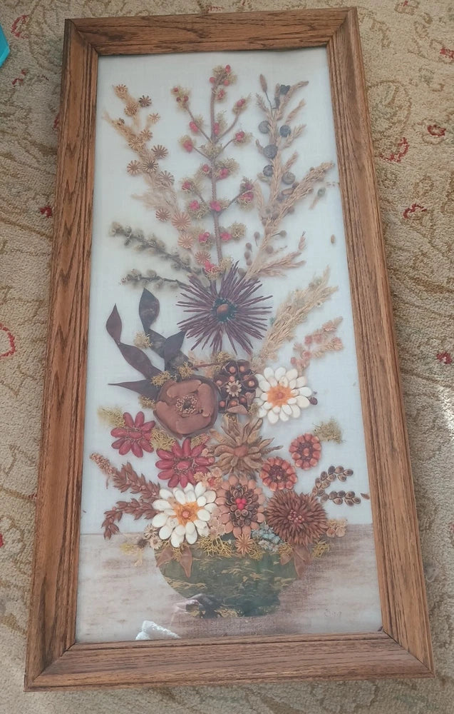 Framed vintage dried flower bouquet wall art on canvas, with birds and vase.