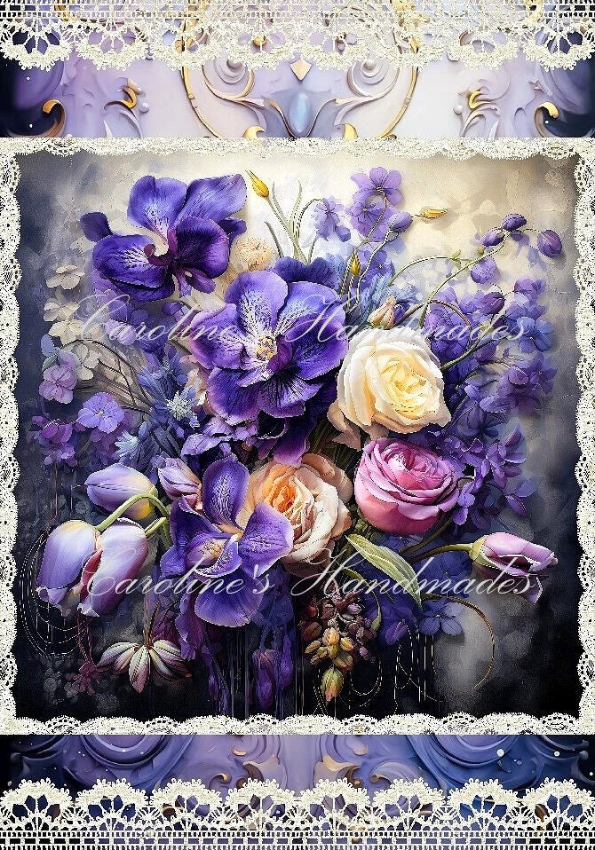 Cotton fabric quilt block with purple and lavender roses, floral print, lace border