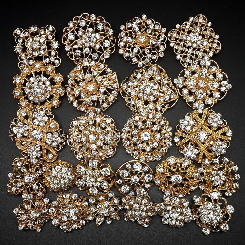 Lot 24 pc Mixed Alloy Golden Rhinestone Crystal Brooch DIY Wedding Bouquet Bouquet