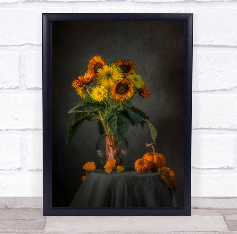 Framed sunflower wall art print with vase bouquet and small pumpkins
